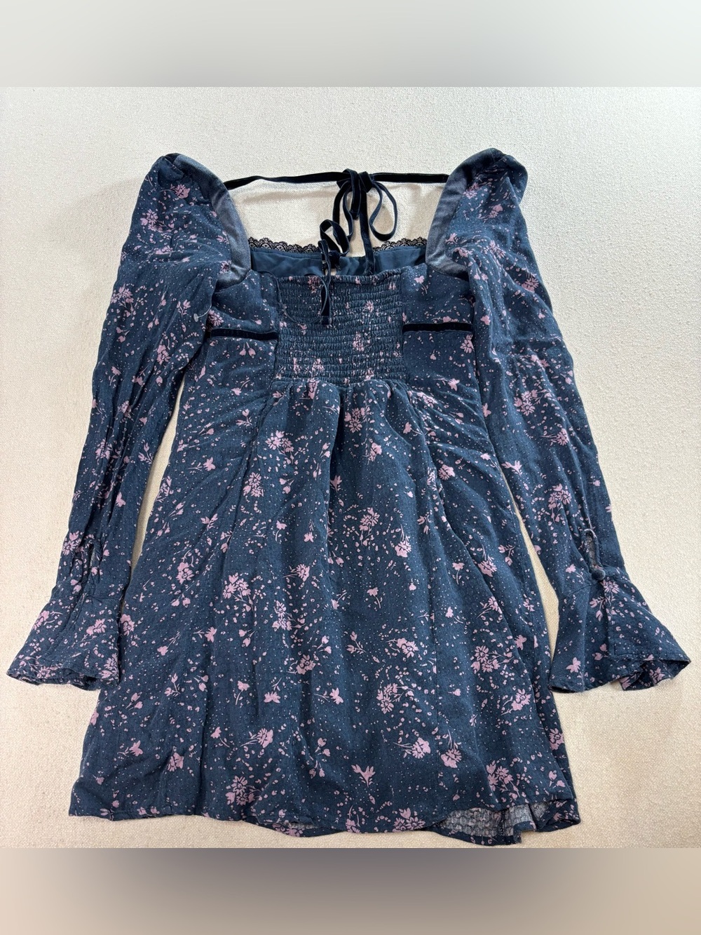 Free People Tess Floral Mini Dress Velvet Lace Sweetheart Neck Size Small - Picture 4 of 7